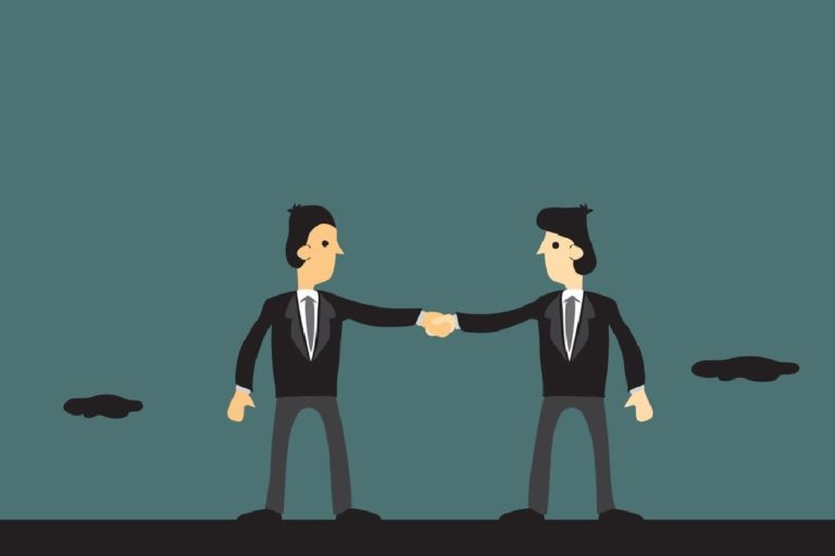 Dos figuras masculinas dándose la mano para competir juntos y buscar el éxito